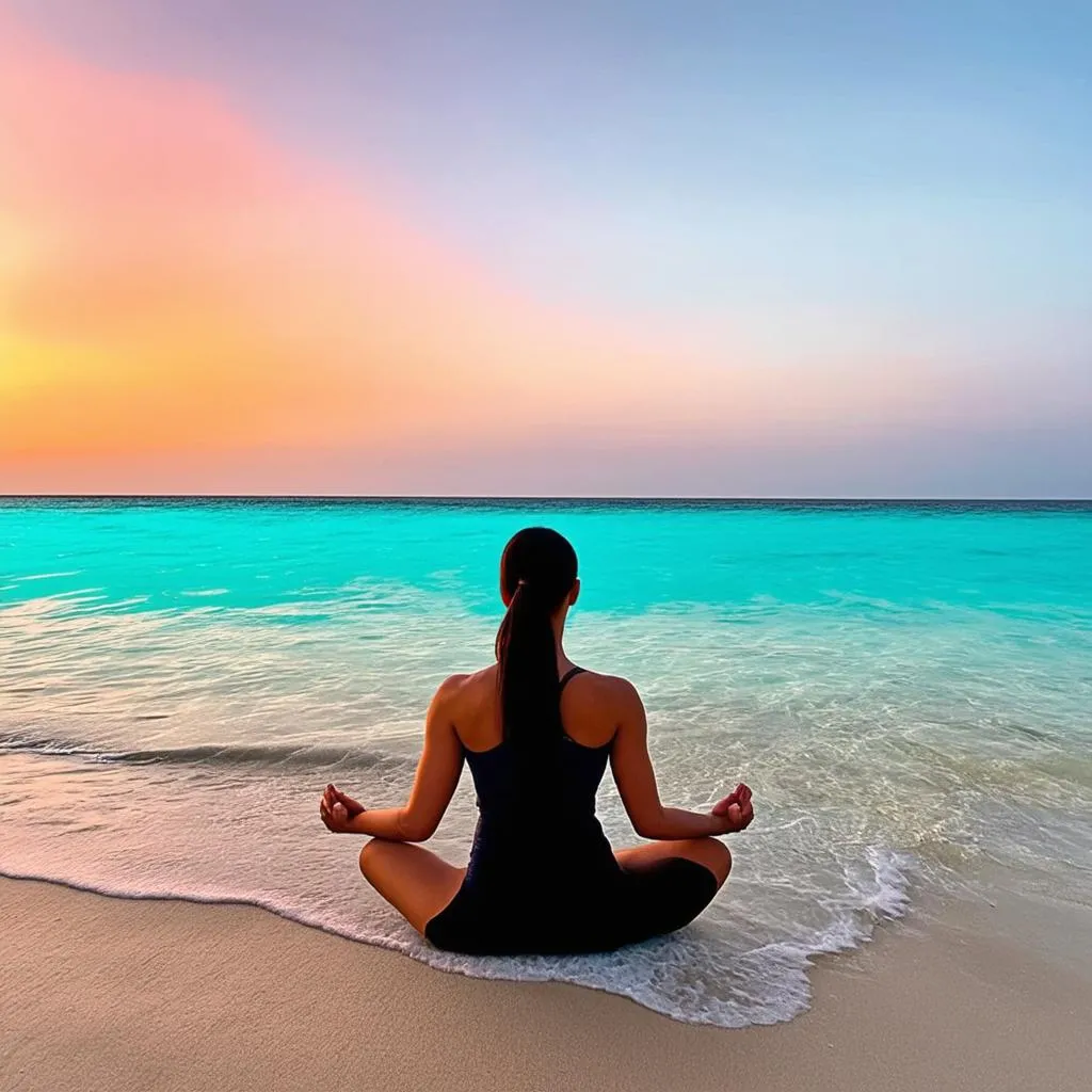 Woman meditating on a serene beach 